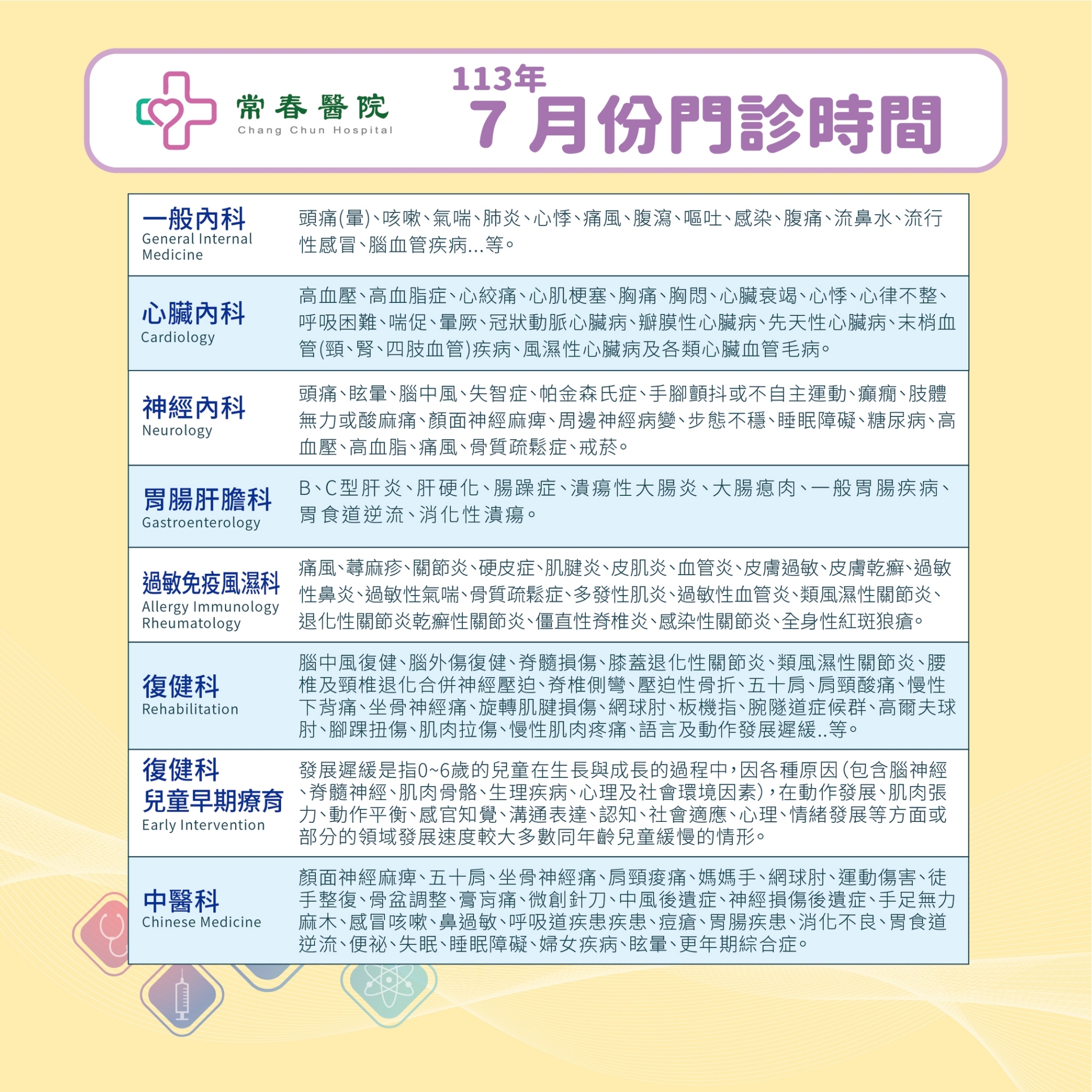 常春門診表113年07月份